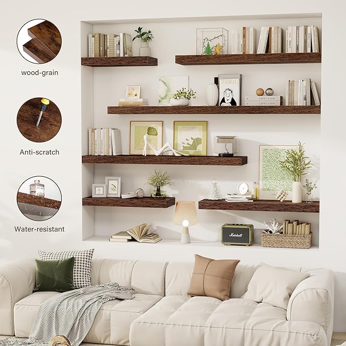 72 Inch Floating Shelves, 12" Deep Floating Shelf Wall Mounted, 72" Wall Shelves, Rustic Deep Bookshelf, Extra Deeper & Thicker Display Shelves for Bedroom, Living Room, Brown, Set of 1
