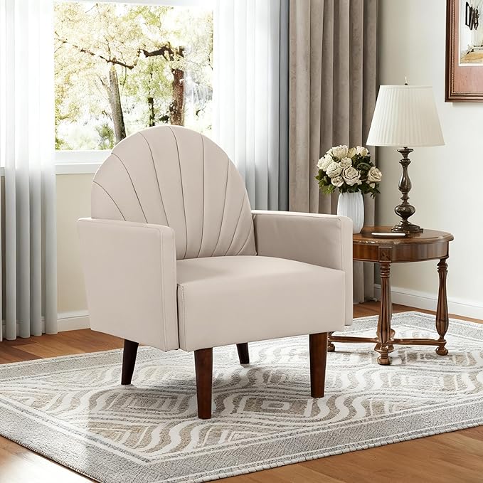 Mid-Century Accent Chair, Faux Leather Armchair - Shell-Shaped Back Waterproof PU Leather Modern Retro Lounge Chair for Living Room, Office, Bedroom & Waiting Room