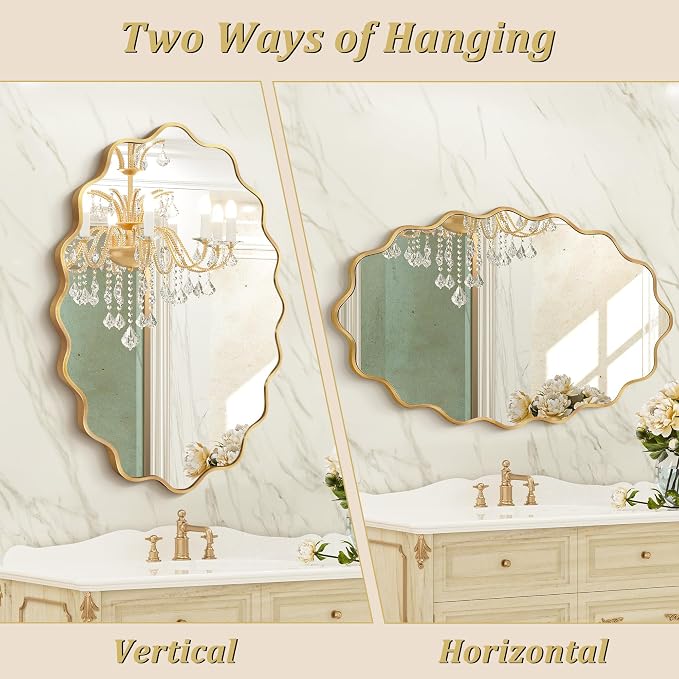 Oval Wavy Wall Mirror -Irregular Wall Mirror with Gold Asymmetrical Aluminum Alloy Frame,22"x30" Decorative Wall Mirrors for Bathroom, Bedroom, Living Room, Dining Room，Entryway