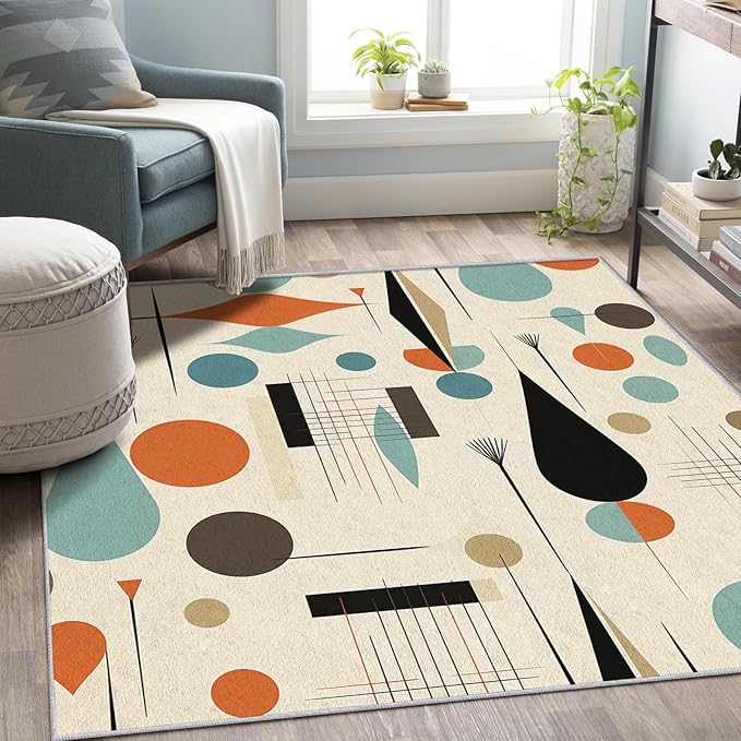 Mid Century Rugs for Living Room 6x9, Retro 50s Geometric Abstract Modern Pattern Design Area Rug, Mid Century Bedroom Decor Carpet, Non Slip, Washable (RG669)