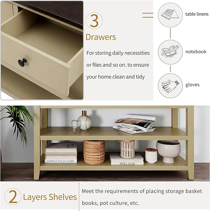 LUMISOL Long Console Table with 3 Storage Drawers, Solid Wood Sofa Table with Storage & Open Shelves, Retro Entryway Tables for Hallway Living Room (Beige)