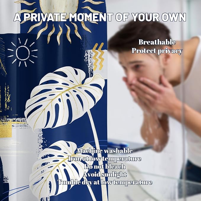 Blue and White Mid Century Modern Shower Curtain, 70x72 Inch | Bohemian Abstract Navy Blue and Gold Bathroom Decor Sets, Waterproof Cloth Fabric, Includes Hooks
