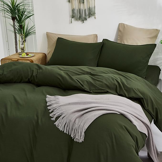 Pureant Dark Green Comforter Set Queen Dark Olive Bedding Set Solid Army Comforter for Women Men Hunter Queen Size Comforter Soft Minimalist Military Green Bedding Breathable