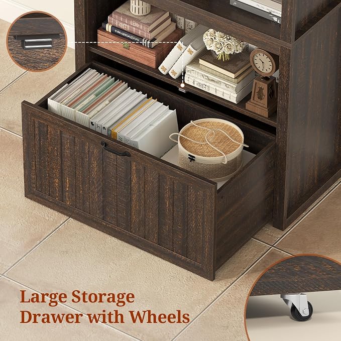 81" Tall Arched Cabinets,Bookcase with Drawer storage,Mid-Century Modern 5-Tier Bookshelf,2 Book Risers and Adjustable Shelves offering more storage space for Living Room,Kitchen,Home Office,Walnut