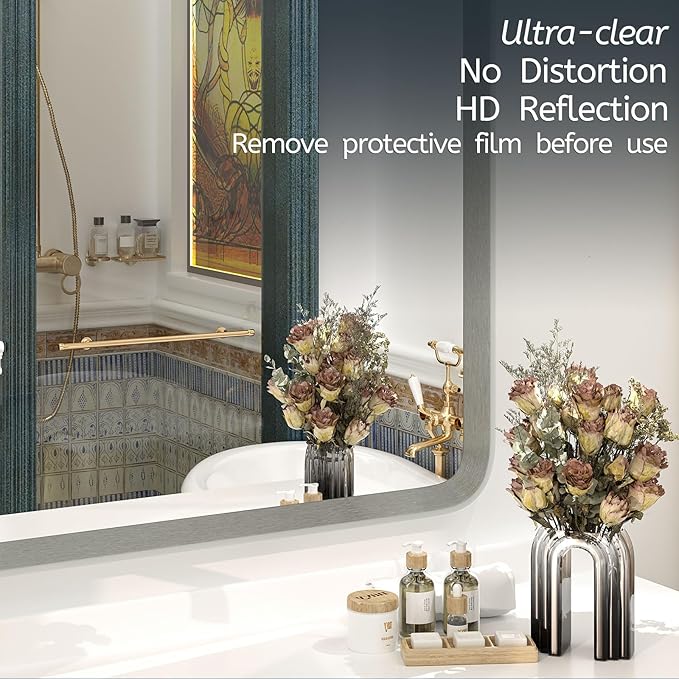 OKPAL 44 x 30 Inch Silver Bathroom Mirror for Wall, Brushed Nickel Bathroom Vanity Mirror, Rounded Rectangle Beveled Silver Framed Mirror, Anti-Rust, HD Tempered Glass(Horizontal/Vertical)