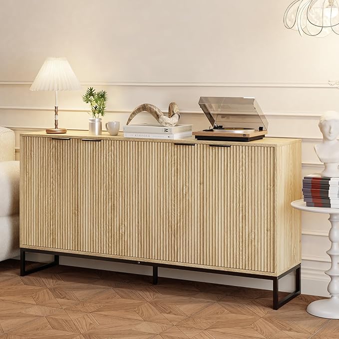 Fluted Accent Storage Cabinet, Kitchen Sideboard Buffet with 4 Fluted Doors, Adjustable Shelves for Living Room, Dining Room, Hallway (Oak)