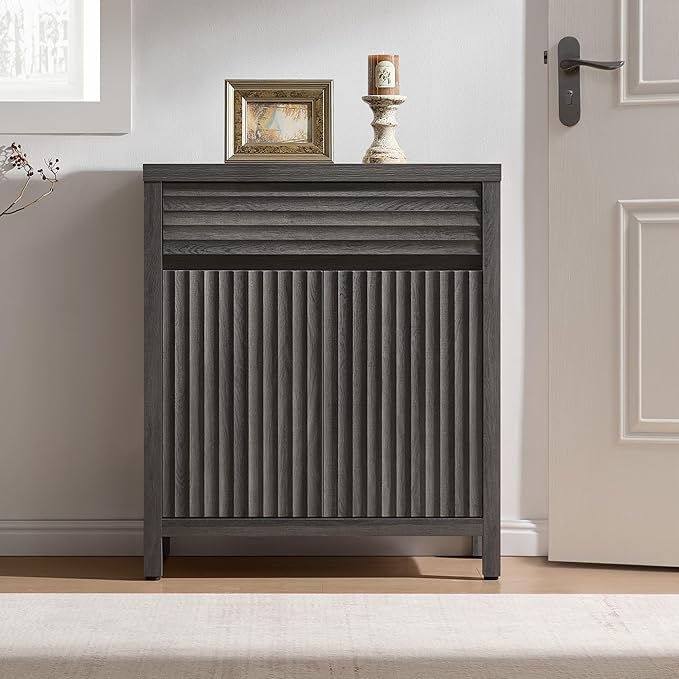 SICOTAS Sideboard Buffet Cabinet with Drawer - Fluted Sideboard Modern Credenza with Doors & Adjustable Shelves, Farmhouse Coffee Bar Media Console for Living Room Kitchen Entryway, Black Oak