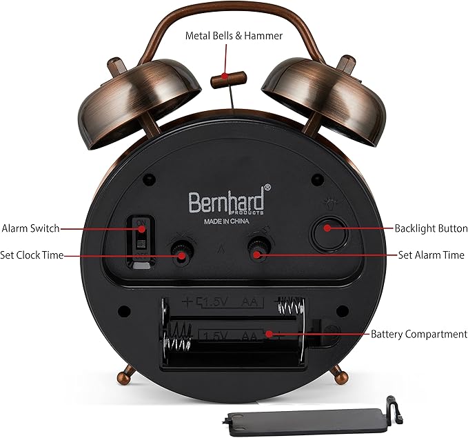 Bernhard Products Analog Alarm Clock Twin Bell Retro Copper Metal 4" Extra Loud Quartz Battery Operated with Backlight for Bedside Table Vintage Silent Non-Ticking Old fashioned Decorative Desk Clocks