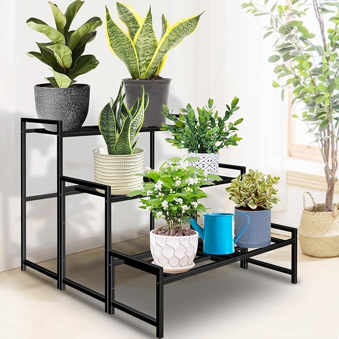 Lilybud--lily Plant Stand Indoor Outdoor, 3-Tier Wrought Iron Plant Stands, Stackable Metal Plant Shelf Decorative Outdoor Flower Stand Heavy Duty Pedestal Stands for Garden Deck Living Room, Black