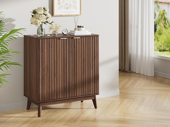 Buffet Cabinet, Small Coffee Bar Cabinet with Storage, Modern Walnut Fluted Sideboard Cabinet with Adjustable Shelf & Doors, Accent Credenza for Kitchen, Living Room, Entryway, Hallway