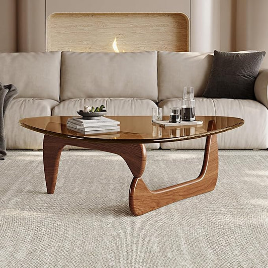 Modern Coffee Table for Living Room Retro Center Table with Wood Base & Triangle Brown Glass Top Abstract Noguchi Coffee Tables for Home Office 112