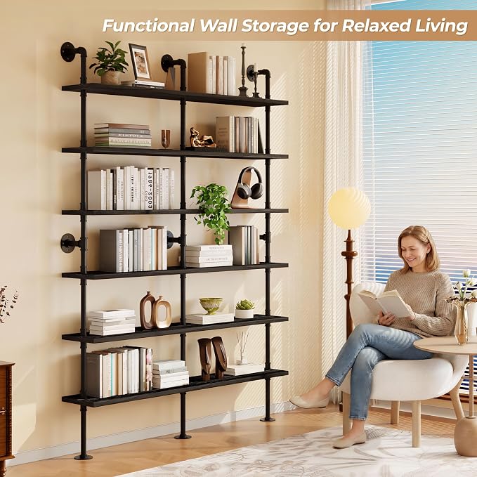 6 Tier Industrial Ladder Shelf Bookcase, Wall Mounted Rustic Bookshelf for Living Room Decor and Storage (Black, 6 Tier - 10" D x 60" W x 82.5" H)