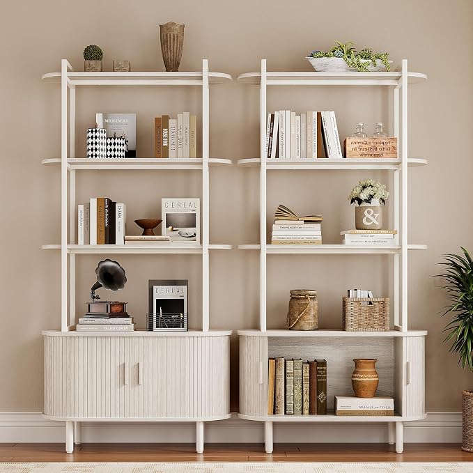 4 Tier Tall Bookshelf with Cabinet, Fluted Bookcase with Sliding Door, Metal and Wood Display Shelf, Free Standing Storage Shelving Unit, Corner Storage Organizer for Living Room, Home Office, White
