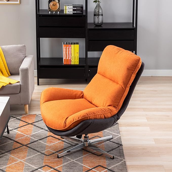 DUOMAY Swivel Accent Chair, Modern Linen Soft Foam Lounge Chair with High Back, Comfy Rocker Chair for Living Room Bedroom Reading Room Office, Tilt & Swivel, Chrome Base, Orange