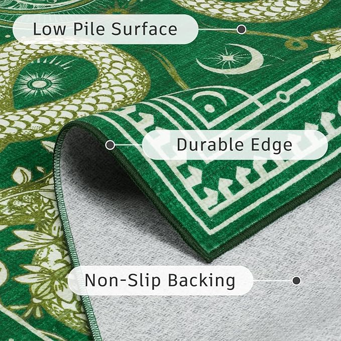 DCX Washable 2x6 Snake Runner Rug, Green Gothic Rug for Living Room, Soft Low Pile Carpet, Kid & Pet Friendly with Rubber Back Non Slip, Stain Resistant Rug for Bedroom Dining Room Office