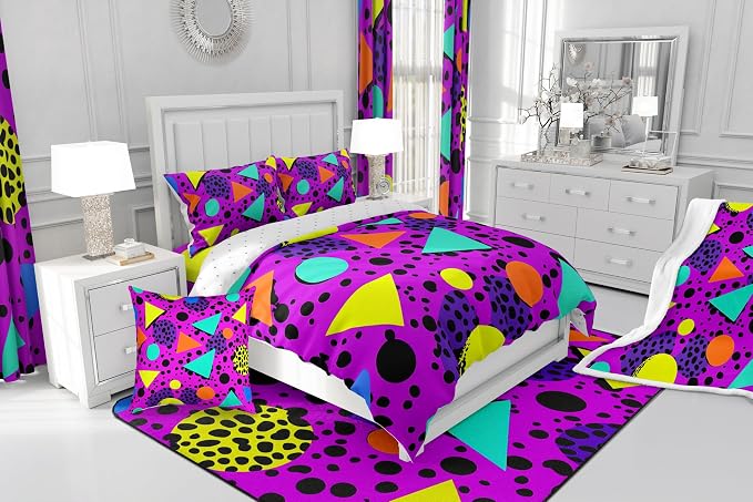 Memphis Geometric Pattern Comforter Cover Set Full Size,Retro 80S Style Duvet Cover Urban Modern Design With Circles and Triangle Shapes Bedding Set Eighties Funky Hipster Old Fashioned Bedroom Decor
