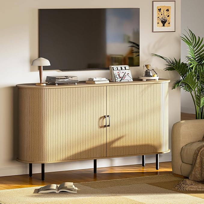 PUKAMI 55" Wood Buffet Sideboard Cabinet with Storage, Mid-Century Modern Coffee Bar Cabinet with Sliding Doors & Shelves, Accent Credenza Console Table for Kitchen, Dining Room, Entryway (Oak)