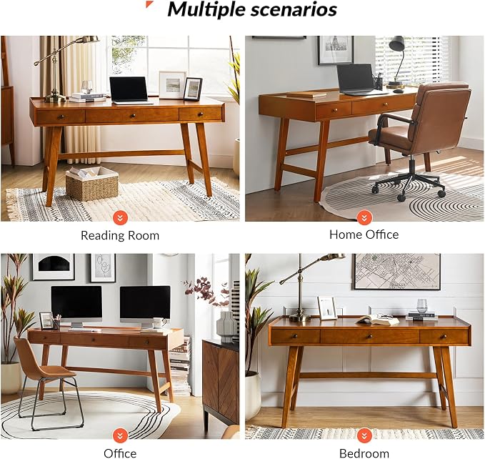HULALA HOME Home Office Desk with 3 Drawers & Solid Wood Legs, Writing Table with Charging Station & Cable Management, Mid Century Modern Desk for Bedroom/Living Room/Study/Workstation, Acorn