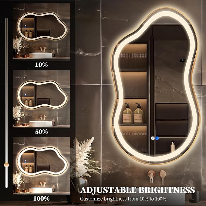 Irregular LED Bathroom Mirror with Lights, Cloud Smart Backlit Mirror, Dimmable Lighted Bathroom Gold Mirror with Anti-Fog, Asymmetrical Vanity Mirror Hangable 2 Ways (Gold, 20 x 36, 2 Pack)
