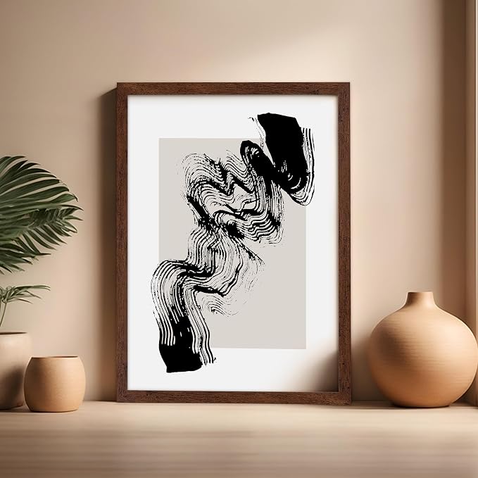 Poster Master Brush Waves Poster - Black Brush Wave Stroke Print - Abstract Design - Drawing Artwork - Mid Century Modern Art - Minimal Design - Living Room or Bedroom Wall Decor - 16x20 Brown Framed