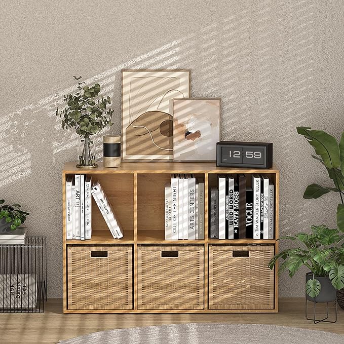 Wooden 6 Cube Storage Organizer with Closed Back Panel,White Cube Shelf Cubby Storage Organizers with Compartments for Living(Oak, 6 Cube-13in)