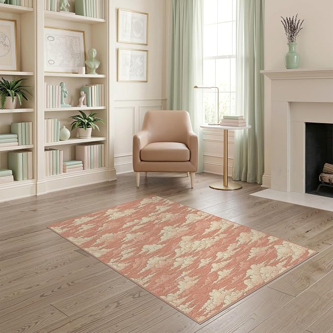 4'x6' Washable Flatwoven Rug, Peach Graphic Abstract Easy Care Throw Carpet Stain Resistant Low Profile Floor Covering for Dorm Room, Small Living Room, Apartment | Ref:2208262