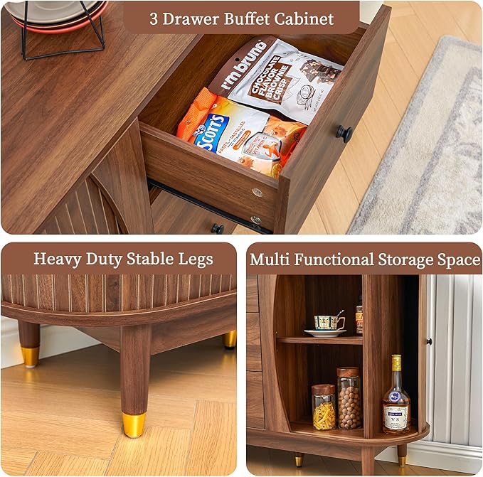 55inch Sideboard Buffet Cabinet with Drawer,Oval Curved Sideboard with Tambour Sliding Door,Walnut Buffet Storage Cabinet for Dining Room Living Room Entryway