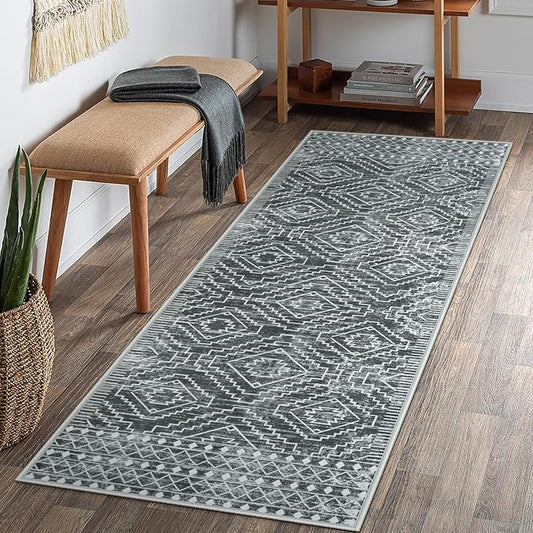 Wonnitar Washable Kitchen Runner Rug 2x6, Moroccan Grey Runners for Hallway, Non Slip Bohemian Soft Bathroom Throw Mat Geometric Carpet Runner for Laundry Entryway Bedroom (Dark Grey,2'x6')