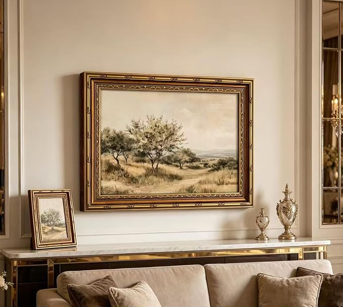 Vintage Gold Framed Olive Tree Landscape Wall Art - Retro Country Farmhouse Canvas Prints, Rustic Nature Scene Painting Prints Artwork for Living Room Bedroom Dining Room Decor，9x11in