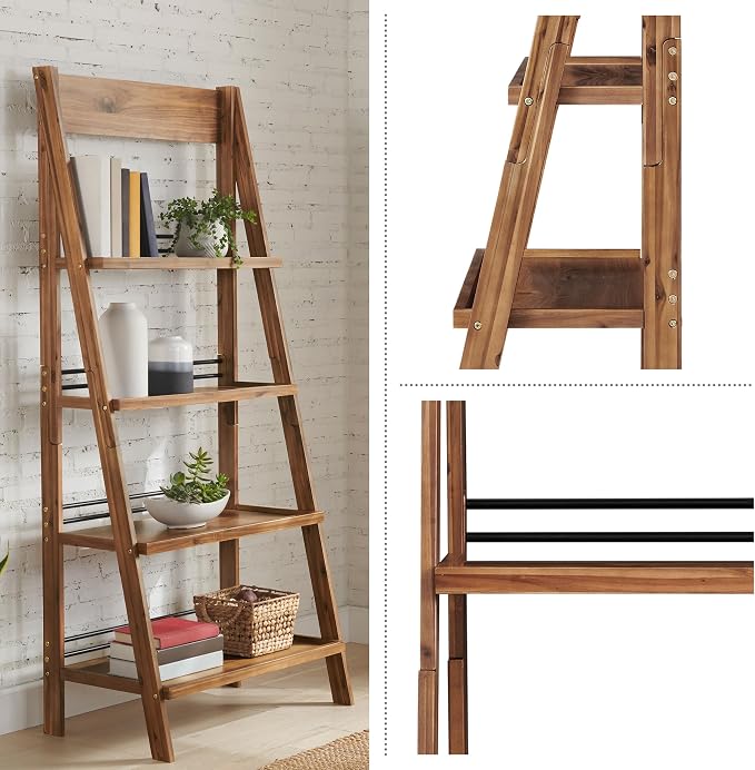 Alaterre Furniture Ladder Bookshelf - Freestanding 4-Tier Bookcase with X-Back Frame - Shelves for Living Room, Kitchen, Bedroom, and Office (Walnut)