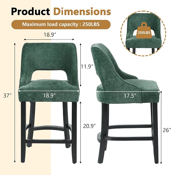 ClinQ Bar Stools Set of 3, 26" H Counter Height Bar Stools with Backs, Modern Upholstered Accent Barstools with Curved Footrest for Kitchen Island, Dining Room and Bar, Green-Black Legs