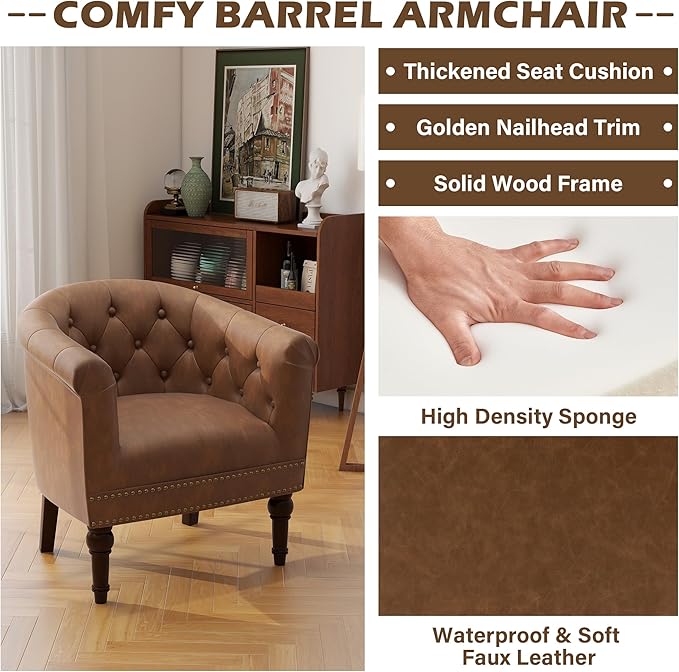 UIXE PU Leather Barrel Accent Chair, Modern Club Chair Upholstered Armchair for Living Room, Nailed Trim Arm Chair Comfy Single Sofa Bedroom Reading Seat, Brown