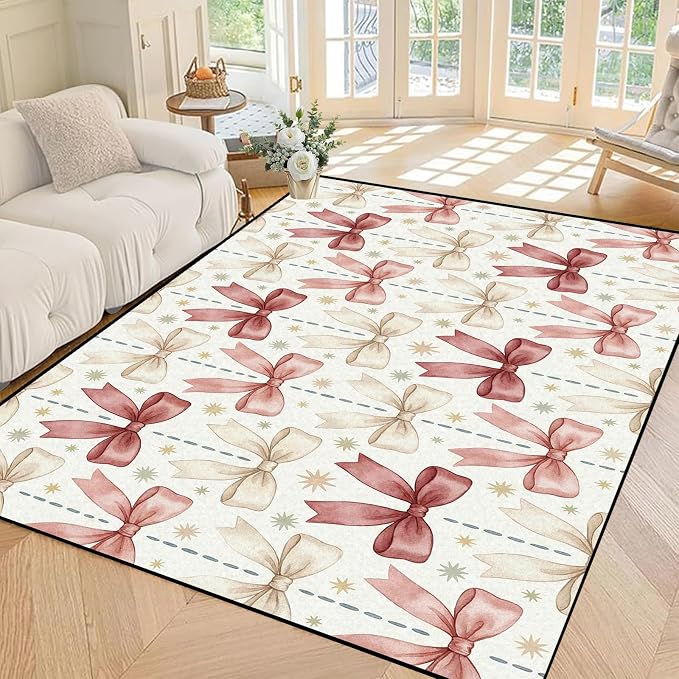 Pink Bowknot Area Rug 4'x6' Watercolor Coquette Aesthetic Non-Slip Washable Carpet for Bedroom Living Room Nursery Kitchen Playroom Home Decor Soft Low Pile Floor Mat