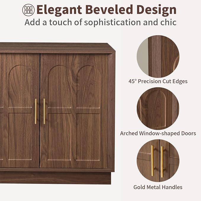 66.5" Sideboard Buffet Cabinet with Storage, Modern Credenza with Arched Doors, Large Wood Accent Cabinet for Living Room Entryway (Walnut)