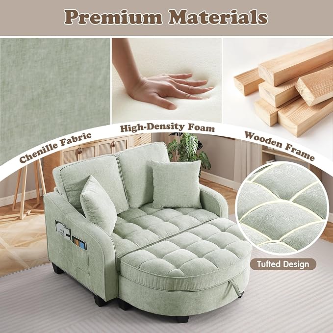 Oversized Chaise Lounge Chair Indoor with Ottoman, Chenille Tufted Comfy Loveseat Sofa Chair with Adjustable Backrest, Fluffy Recliner Sofa, Convertible Sleeper Couch Bed for Living Room(51"W, Beige)
