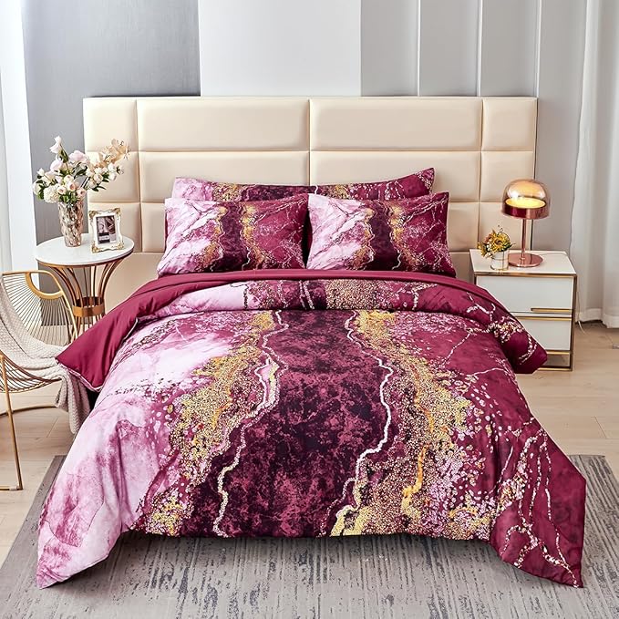 PERFEMET 6 Pcs Full Comforter Sets Burgundy Watercolor Marble Bed in A Bag Comforter Set Soft Lightweight Dark Red and Gold Bedding Quilt Set(Burgundy, Full)