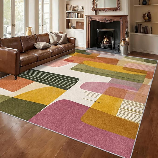 8x10 Mid Century Modern Rugs for Bedroom Decor, Washable Abstract Geometry Pattern Area Rug, Living Room Home Decoration, Non Slip Soft Thin, Boho Decor Large Carpet PF-P 117