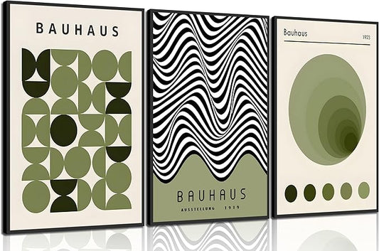 WSTUKVV 3Pcs Bauhaus Mid Century Modern Wall Art Bauhaus 1923 Posters Pictures Green Boho Abstract Geometric Canvas Prints Black Line Paintings for Living Room Bedroom Dining Room Wall Decor Unframed