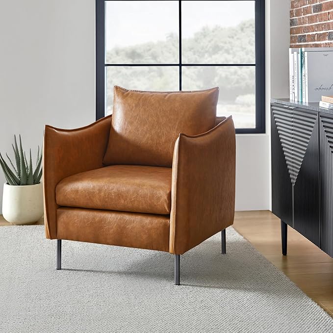 HULALA HOME PU Leather Vintage Armchair, Mid Century Accent Chair, Club Chairs Set of 2, Arm Chair for Living Room/Office/Bedroom/Study, Camel