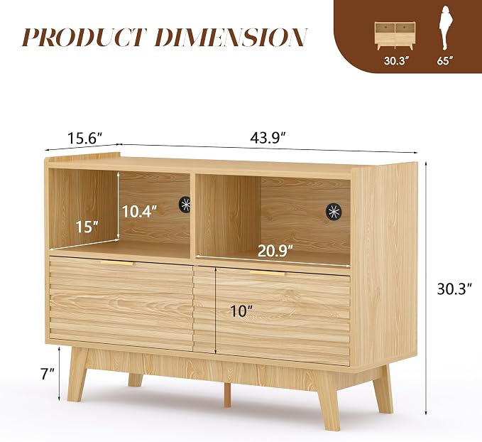 Fluted Buffet Sideboard Oak, Modern Storage Cabinet w/Cord Cutout, Accent Cabinet with Solid Wood Legs, Console Table w/Swing Doors & Open Shelves, Credenza for Living Room, Hallway, Entryway