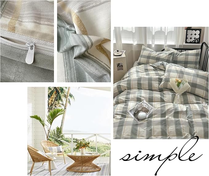 VM VOUGEMARKET Teen Boys Plaid Duvet Cover Set Twin XL Simple Farmhouse Style Cotton Green Buffalo Plaid Gingham Bedding Set 1 Duvet Cover with 2 Pillowcases