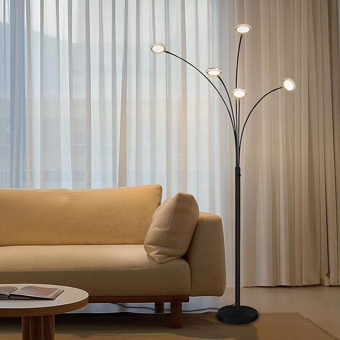 Brightech Orion Arc Floor Lamp for Living Room, Dimmable Tree Floor Lamp with 5 Adjustable Arms, Multi-Head Standing Lamp with Flexible Rotating LEDs for Bedroom - Bright Hanging Lighting - Black