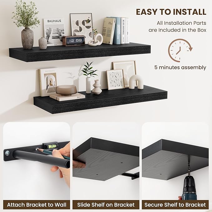 Fun Memories 72 Inch Fireplace Mantel Shelf, 12 Inch Deep Shelves for Display & Wall Storage, Rustic Wood Wall Shelf, Extra Long Floating Shelves for Living Room Laundry Room, Black, Set of 1