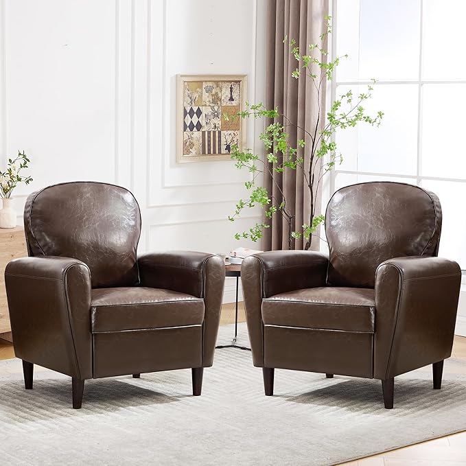 Mid Century Accent Chair Set of 2, Modern Faux Leather Arm Chair, Comfy Upholstered Reading Chair Single Sofa Chairs for Living Room, Bedroom, Club, Coffee