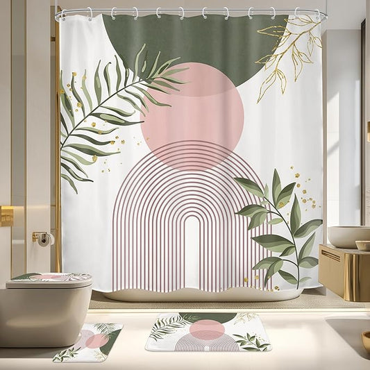 4 PCS Pink Sage Green Boho 72Wx72H Shower Curtain Set Modern Mid Century Plant Bath Rug Toilet Lid Cover Nonslip U Shape Mat Quick Dry Bathroom Decor with 12 Hooks
