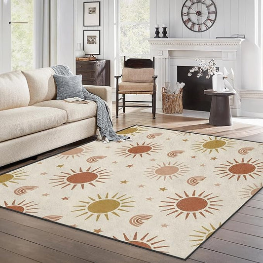 Area Rugs 5'x7' Washable Rug, Boho Sun Rainbow Stain Resistant Non Slip Backing Terracotta Earthy Carpet for Living Room Bedroom Dining Room