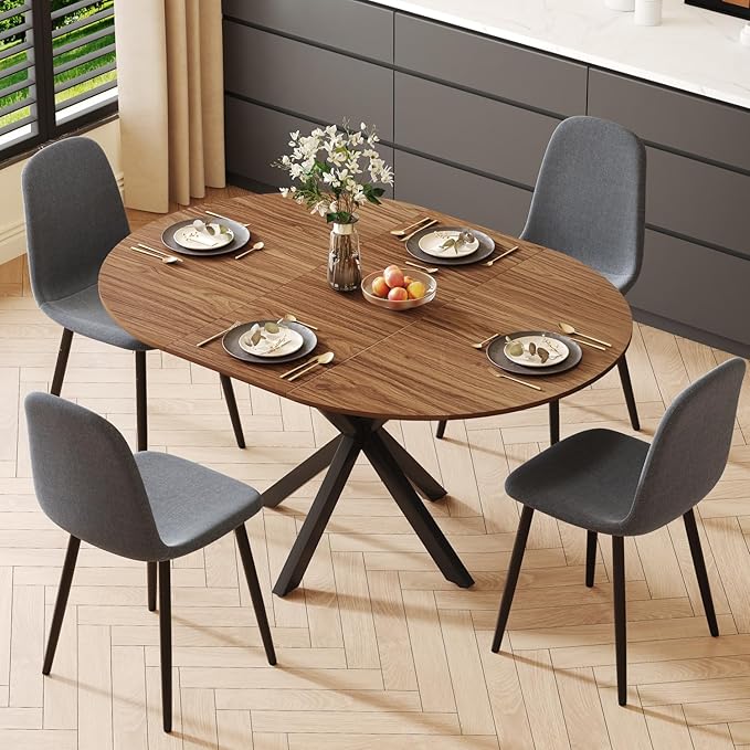 Round Dining Table Set for 4, 43-59" Extendable Dining Room Table Set, Walnut Wood Grain Table and 4 Dark Gray Linen Upholstered Chairs Set, Mid Century Modern Kitchen Table Set with Cross Legs
