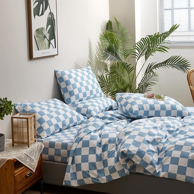 Pureant Blue and White Plaid Comforter Set California King Blue Checkerboard Grid Bedding Comforter Sets Blue Buffalo Grid Cal King Comforter for Women Men Soft Checkered Geomertic Comforter Sets