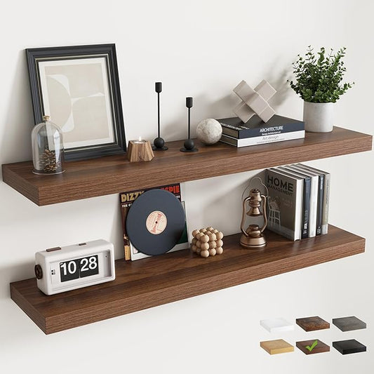 Floating Shelves for Wall with Invisible Brackets, Wall Mounted Engineered Wood Shelves with Wood Grain for Living Room, Bedroom, Bathroom, Kitchen Decor and Storage, Oak, 48"L Set of 2, Walnut