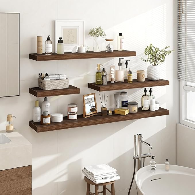 16 Inch Floating Shelves, 16"x9.25"x1.5" Inch Deep Floating Shelves for Wall, Wooden Shelves for Bathroom, Bedroom, Living Room, Walnut, 2 Pieces
